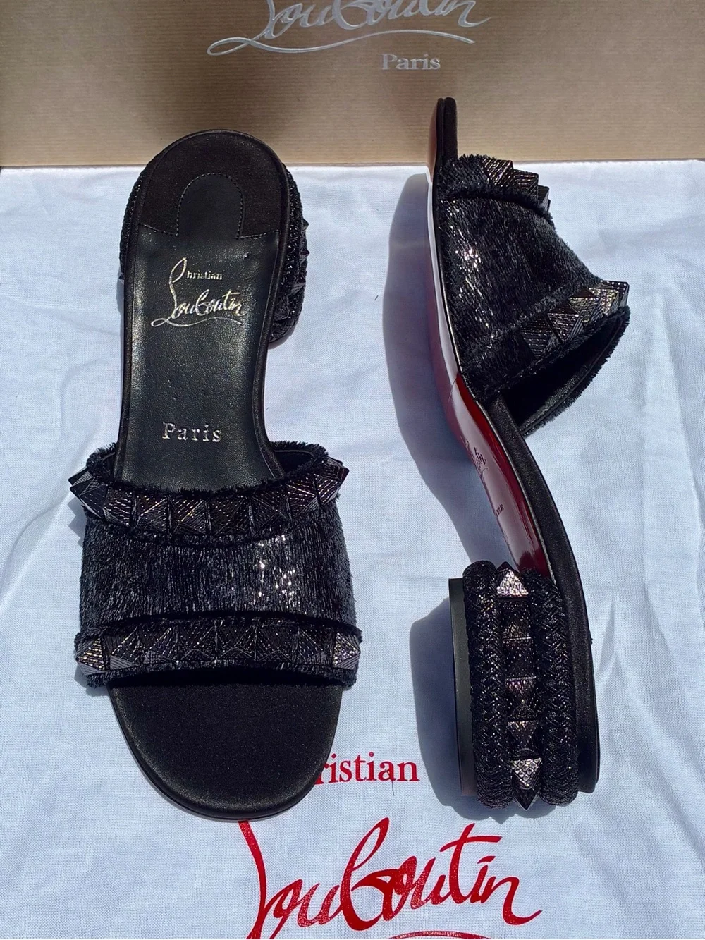 CHRISTIAN LOUBOUTIN PYRAMULE 30 SLIDE MULE SANDAL BLACK VELVET METAL STUDS SZ 38